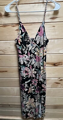#ad Urban Outfitters Womens Linen Blend Black Floral Maxi Dress Side Slit Sz. S $33.50