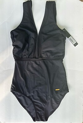 #ad Women’s 1 Piece Solid Black Swimsuit Size 8 Wide Straps $16.00