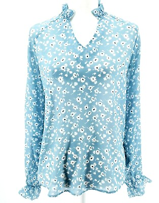 SPARKZ COPENHAGEN Blue Floral Flowy High Neck Long Sleeve Blouse XS S M L $10.27