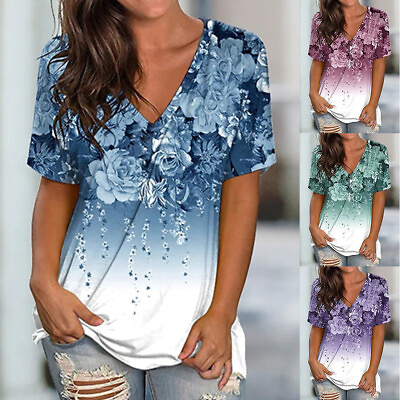 #ad Women Summer V Neck Floral Tunic Tee Short Sleeve Blouse Shirt Tops Plus Size * $14.49
