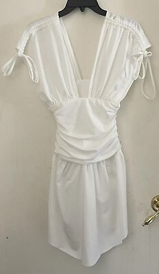 #ad Swim Cover Up Dress Womens White Beach Ruched Mini Cut off Size Small Travel $7.82