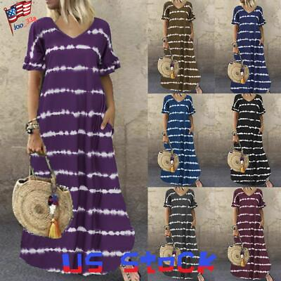 #ad Plus Size Womens Striped Summer Midi Dress Holiday Bohemia V Neck Beach Sundress $24.49