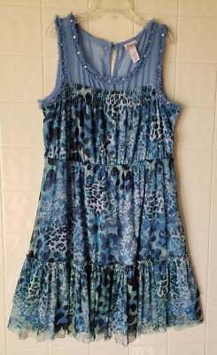 #ad Justice Girls Sz 14 Blue Leopard Print Tiered Dress Spring Summer Below Knee $17.95