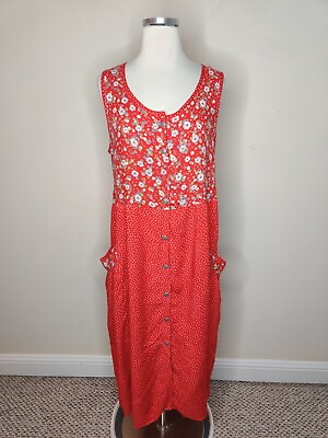 #ad #ad Vtg Coldwater Creek Red Floral Maxi Dress Petite Large Buttons Modest Cottage $29.99