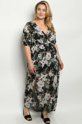 Womens Plus Size Black Floral Chiffon Maxi Dress 1X Side Slits $29.95