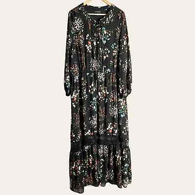 #ad Lane Bryant Black Floral Long Sleeve Lace Up Maxi Dress Plus Size 24 $45.00