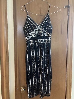 #ad Express Women’s Medium Black And Silver Sequin Spaghetti Strap New Year’s Dress $49.99
