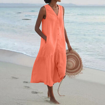 #ad Ladies Women Beach Sundress Sleeveless Long Maxi Dress Summer Party Kaftan Loose $27.13
