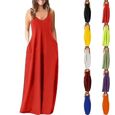 #ad #ad Women Long Maxi Dresses V Neck Slip Dress Ladies Holiday Kaftan Sleeveless $20.13