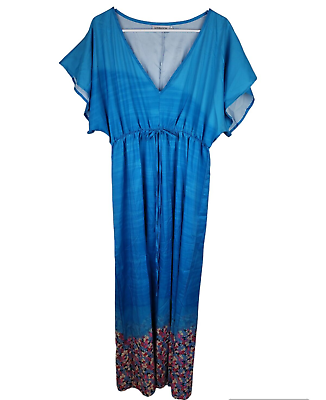 Long Maxi Dress XL Blue Floral V Neck Elastic Waist Peasant Boho Comfort Casual $13.99