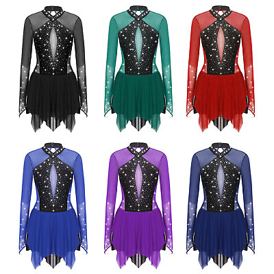 #ad Womens Dance Dress Competition Leotard Press Buttons Dancewear Sparkle Skirted $18.59