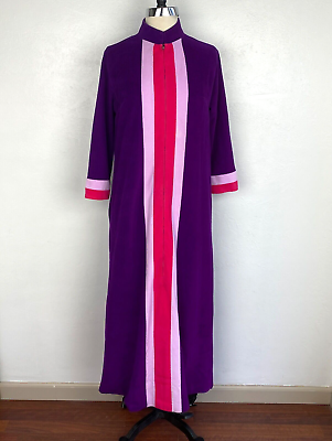 Vintage Vanity Fair Womens Purple Velour Robe Size 8 Maxi 3 4 Zip Lounge Wear $35.00