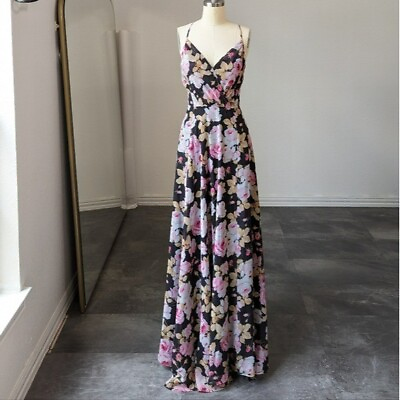 #ad Yumi Kim Kat Floral Maxi Dress Black Pink XS wedding evening vacation V Neck $100.00