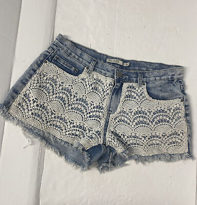 #ad Iris Jeans Womens Jean Shorts SZ 9 Blue Denim Lace Distressed Boho Short $8.00