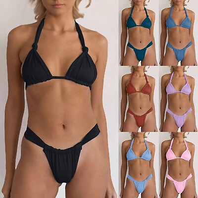 #ad Sexy Bikini Sets For Women High Cut 2PCS Thong Swimsuit Tie Knot Ruched Swimwear $15.89