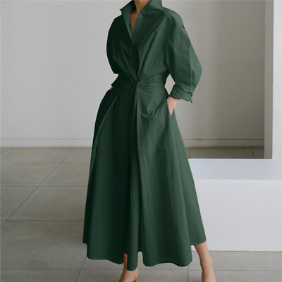 #ad Women Casual Loose Cotton Linen Swing Sundress Long Sleeve Maxi Shirt Dress $33.84