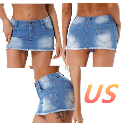 #ad US Denim Mini Skirts for Women Sexy Slim Fit Frayed Hem Casual Jeans Short Skirt $9.29