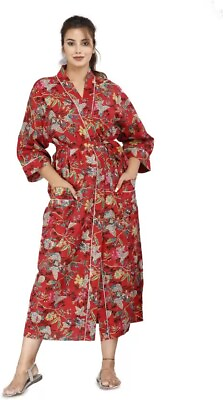 100% Cotton Floral Printed Long Kimono Kaftan Bathrobe Ethnic Indian Beach Up $35.99