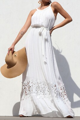 White Bohemian Crochet Lace Trim Belted Maxi Dress Boho Wedding Dress M $53.95