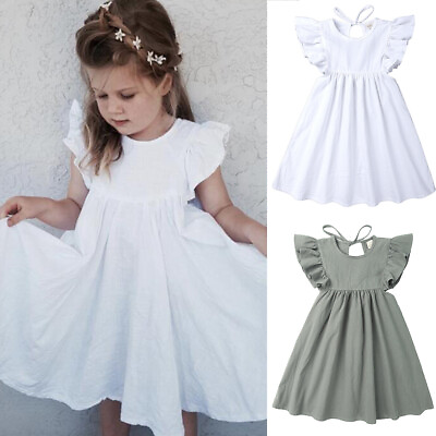 #ad Kids Little Girl Dress Short Flared Sleeves Back Lace Up Solid Color Dress Skirt $16.99