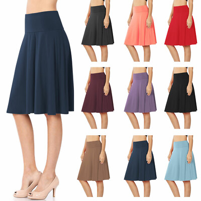 Womens High Waist Fold Over Knit A Line Flared Midi Swing Skirt $18.95
