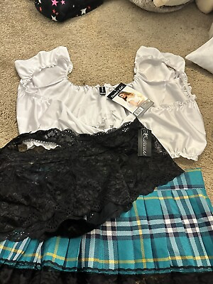 #ad NWT 4 Piece Women Tie Front Crop Top and Lace Trim Plaid Skirt Set $22.00