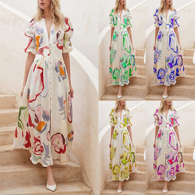#ad Women Summer Dress V Neck Loose Dresses Floral Seaside Holiday Maxi Dress $26.88
