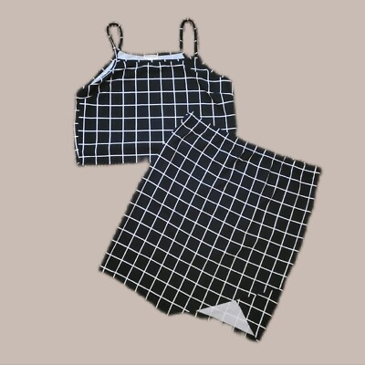 #ad Plus Size Black and White Windowpane Grid Crop Top and Skirt Set $13.00