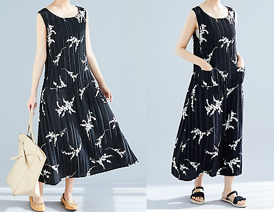 #ad Women Cotton Clothing Floral Maxi Dress Round Neck Sleeveless With Pockets $74.95