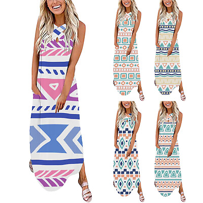 #ad Women Casual Printing Loose Sundress Long Dress Crisscross Sleeveless Split $30.70
