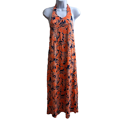 #ad #ad Lands End Womens Halter Sun Dress Maxi Small Orange Navy Pockets Shift Stretch $15.99