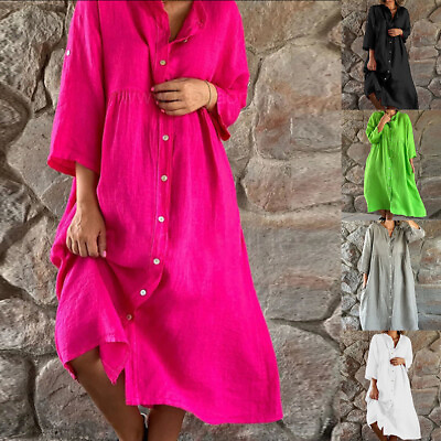 #ad Womens Cotton Linen 3 4 Sleeve Shirt Maxi Dress Summer Casual Sundress Plus Size $28.99
