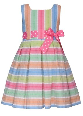 #ad NWT Bonnie Jean Girls 6X Sleeveless Multi Stripe Pull Through Ribbon Bow Dress $18.49