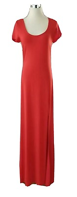 #ad Forever 21 Maxi Dress Large Red Orange Side Slit Scoop Neck Cap Sleeve Stretch $16.80