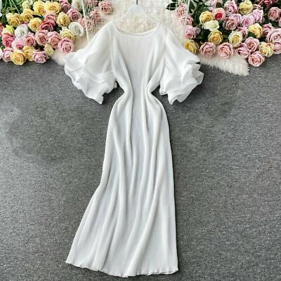 #ad #ad Girls Ruffle Pleated Dress Long Maxi Short Flare Sleeve Loose Casual Fairy Dress $48.03
