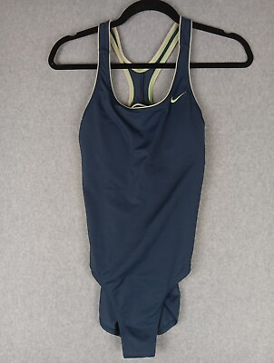 #ad NIKE SWIM Med M Women#x27;s Powerback One Piece Swimsuit Slate Blue Acid Green trim $18.99