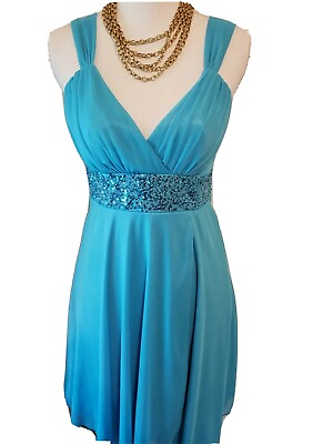 #ad Love Tease Juniors Blue Party Prom Wide Strap Sequined Party Scarf Hem Dress 5 $24.99