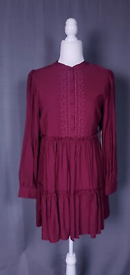 #ad NEW Womens Dress M Burgundy Tiered Embroidered Long Sleeve Boho Prairie Western $24.26
