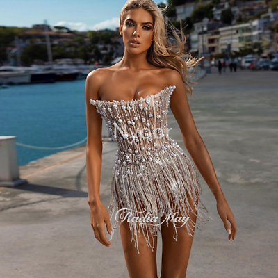 #ad Bling Tassels Sexy Short Bodysuit Party Evening Rompers Women Nightclub Outfit $355.95