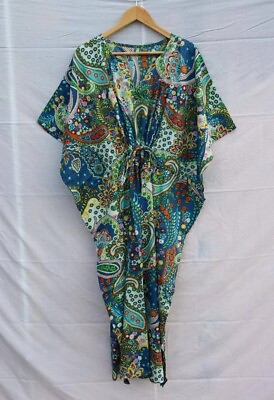 #ad Indian Kaftan Blue Paisley Kaftan Summer Bikini Covers Cotton Maxi Beach Dress $23.18