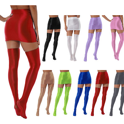 #ad US Women Glossy Mini Skirt High Waist Bodycon Pencil Skirt Over Knee Stockings $5.94
