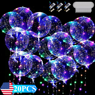 20Pcs LED Light Up BOBO Balloons Set 20in Transparent Glow Bubble Party Decor $15.19