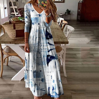 #ad Sundress Long Sleeve V Neck Multicolor Print Boho Casual Dress Holiday Beach $25.79