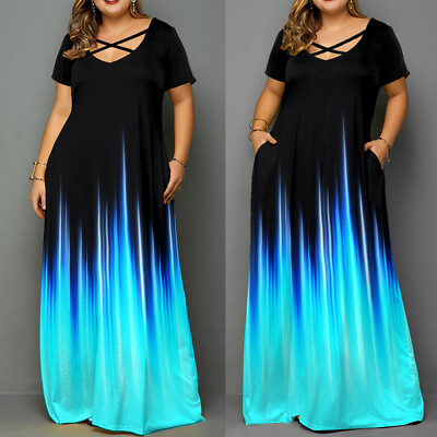 #ad Plus Size Ladies Summer Beach Party Sundress Womens Short Sleeve Maxi Long Dress $27.83