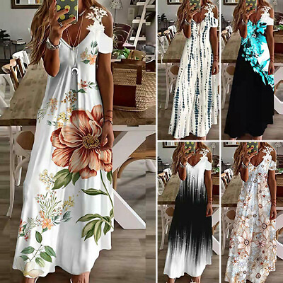 Womens Boho Floral Print Long Dress Ladies Boho Beach Holiday Maxi Cami Sundress $17.88