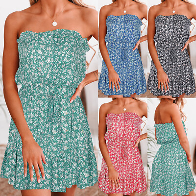 Women Strapless Boob Tube Bandeau Mini Dress Summer Holiday Beach Sun Dresses US $11.49