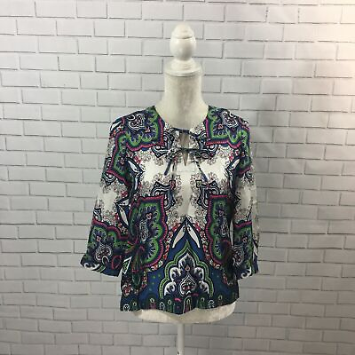 #ad Talbots 100% Silk Double Tie Front 3 4 Sleeve Paisley Peasant Blouse NWT Boho 4P $32.00