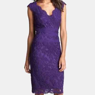 #ad Tadashi Shoji Purple Embroider Lace Overlay Sheath Cocktail Dress 10 Petite NEW $64.99