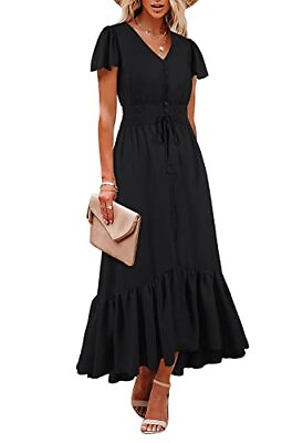 #ad Linsery Boho Maxi Dress Women Short Sleeve High Low Solid Holiday Beach Dresses $7.99