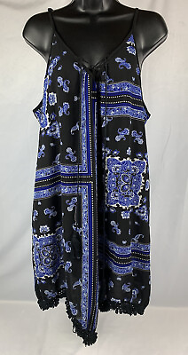#ad Xhilaration Black Blue Mini Paisley Print Sun Dress Size M Boho Fringe Hem $19.99